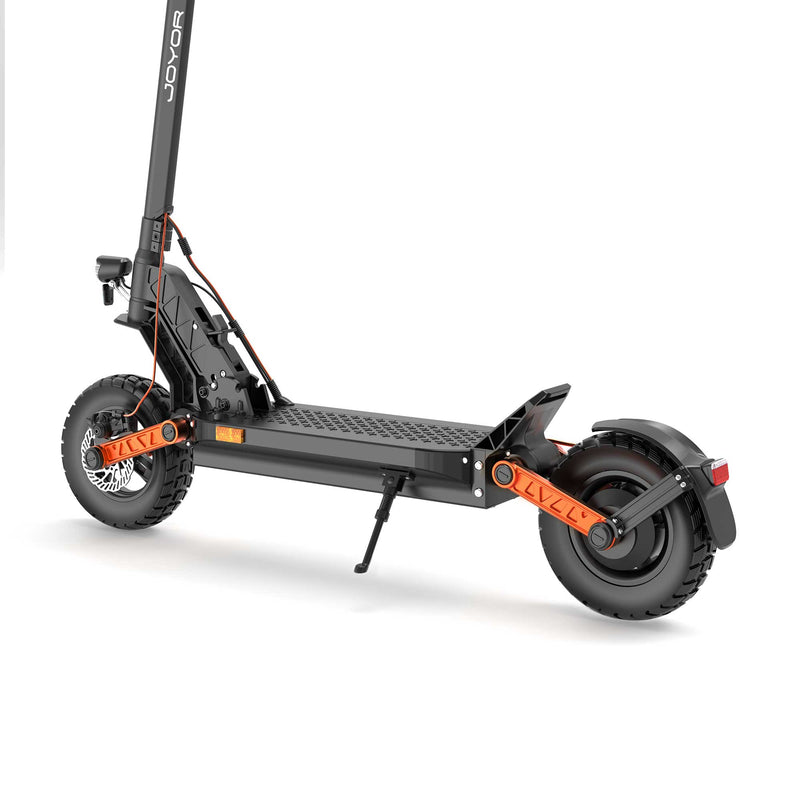 Load image into Gallery viewer, Close-up of the Joyor S5 ABE electric scooter's chassis and rear wheel, highlighting its durable frame and all-terrain tyre for a stable and smooth ride.