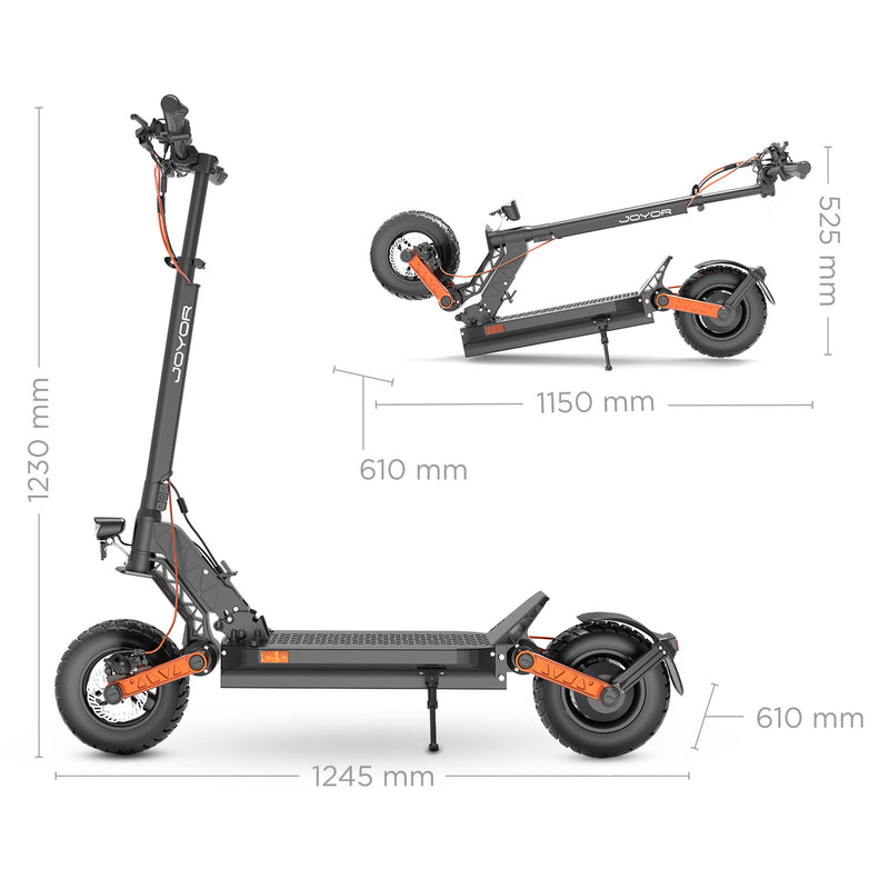 Load image into Gallery viewer, Joyor S5 ABE electric scooter displaying folded and unfolded dimensions, highlighting its larger size for enhanced stability and comfort during rides.