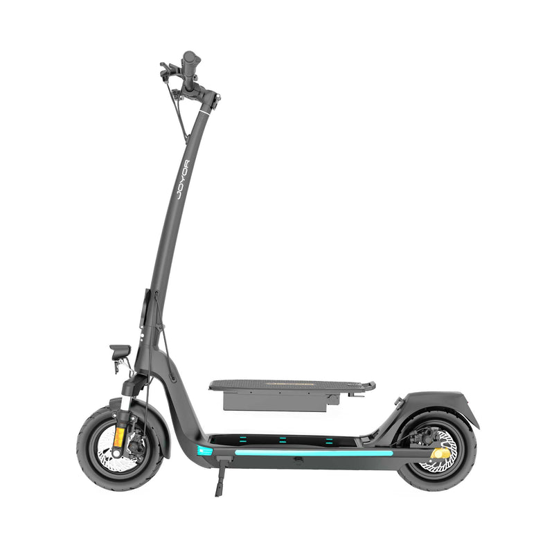 Cargue la imagen en el visor de la galería, Side view of the Joyor C10 / Joyor C10 DGT electric scooter with removable battery floating, showcasing its convenience and sleek design