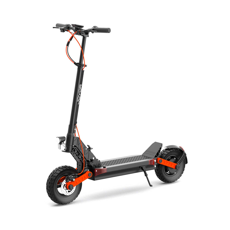 Load image into Gallery viewer, Joyor S5-Z electric scooter on a white background, showcasing its orange dual front and rear suspension, all-terrain wheels, and sleek design.