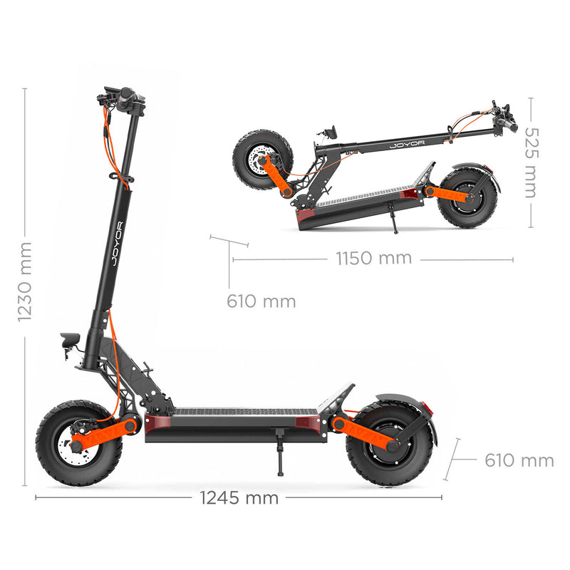 Load image into Gallery viewer, Joyor S5-Z electric scooter shown unfolded and folded, highlighting its compact size and easy portability with detailed measurements for storage