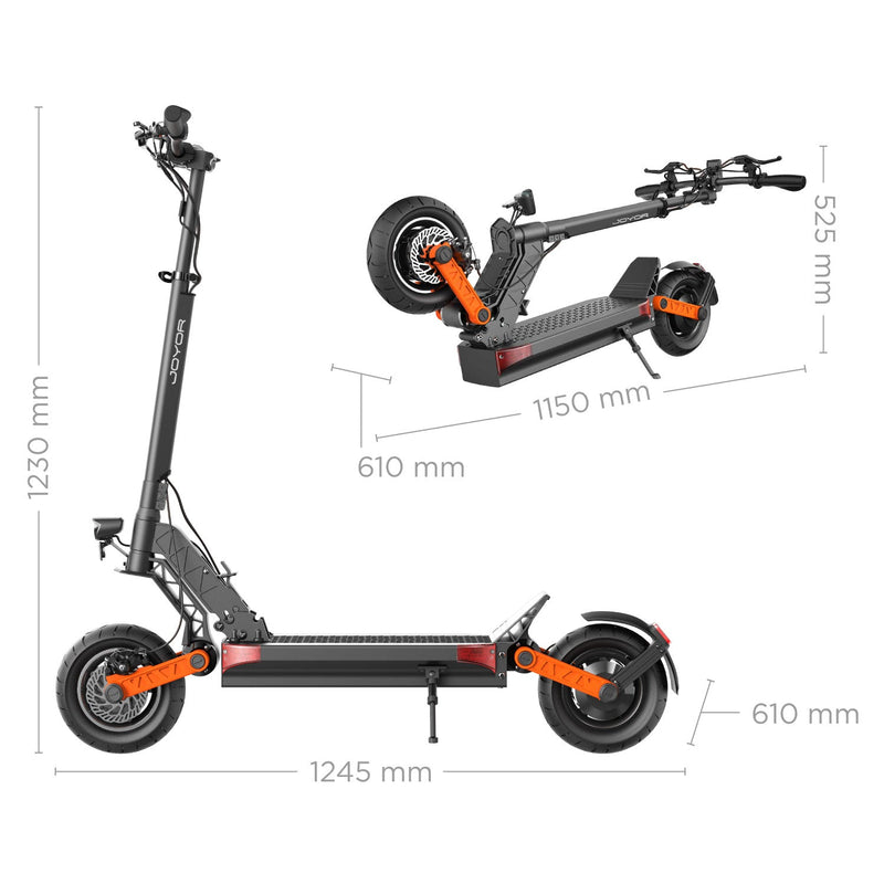 Cargue la imagen en el visor de la galería, Joyor S-PRO electric scooter displaying folded and unfolded dimensions, emphasizing its larger size for stability and comfort, while still offering easy storage.
