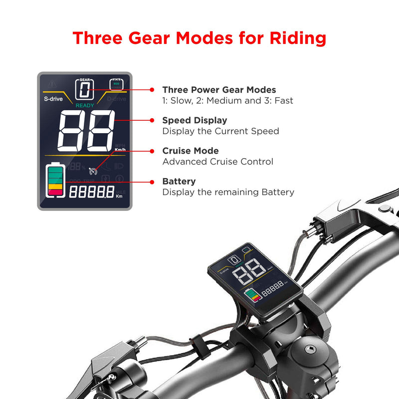 Load image into Gallery viewer, Joyor C10-E ABE electric scooter’s smart display, showing three power gear modes, speed, battery level, and key indicators for easy monitoring