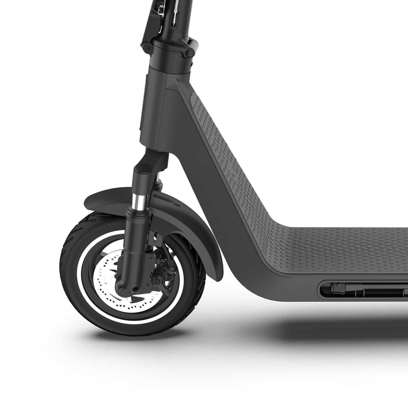 Cargue la imagen en el visor de la galería, Close-up of the front wheel of the Joyor LiteGo electric scooter, featuring dual suspension and disc brake for enhanced ride control