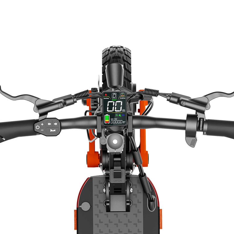 Cargue la imagen en el visor de la galería, Close-up view of the Joyor S-PRO electric scooter handlebar, featuring control buttons, display, and ergonomic design for a comfortable ride