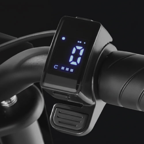 Digital display of the electric motorcycle, showing speed and battery level