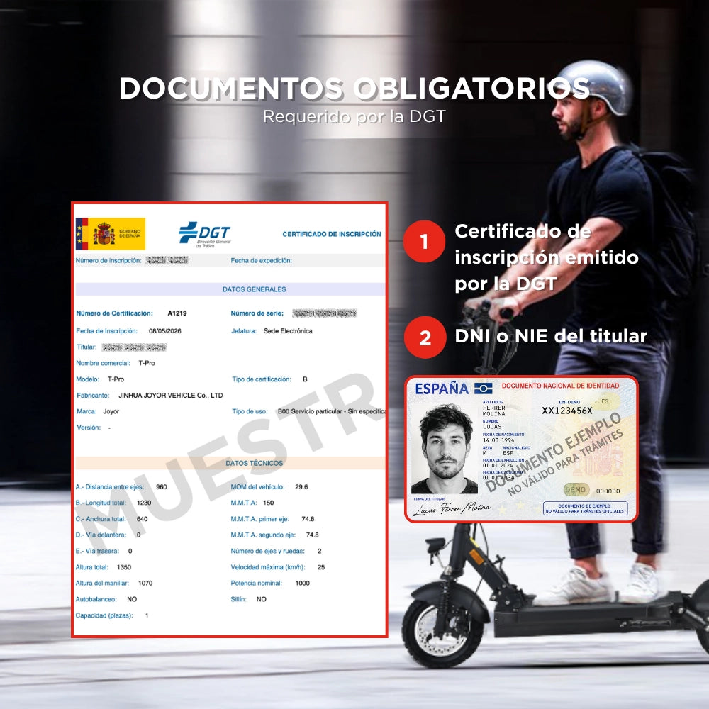 Document requirements for a DGT certificate displayed on a screen with a person using an electric scooter.