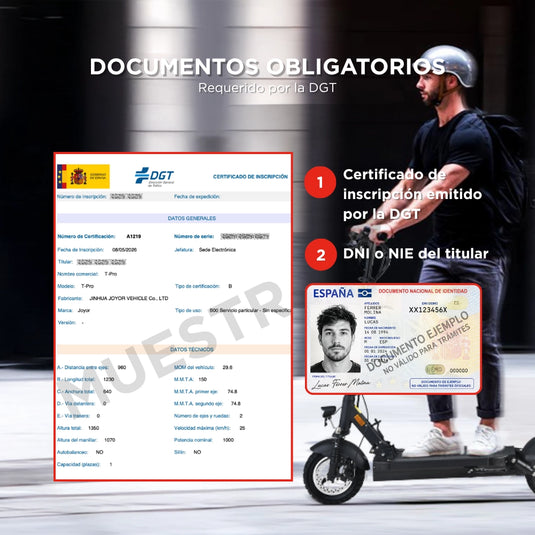 Document requirements for a DGT certificate displayed on a screen with a person using an electric scooter.