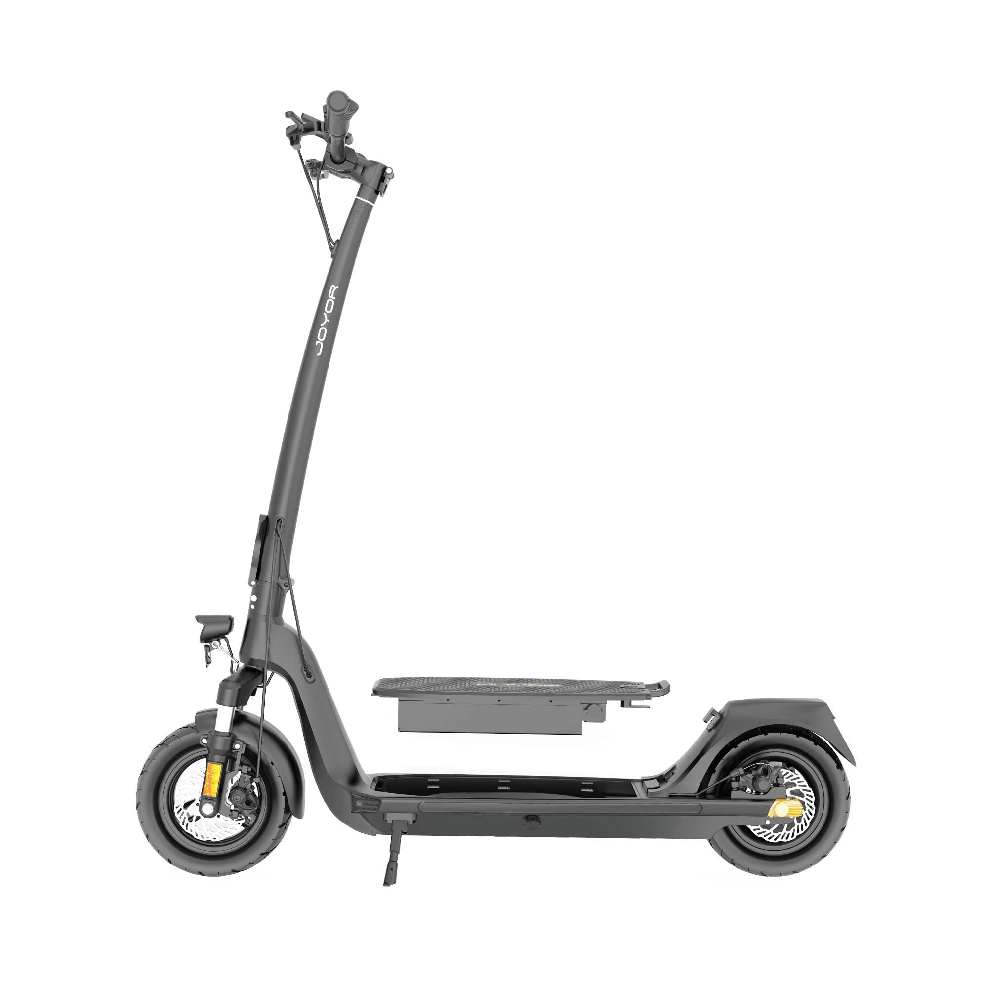 Side view of the Joyor C10-E ABE electric scooter with removable battery floating, showcasing its convenience and sleek design