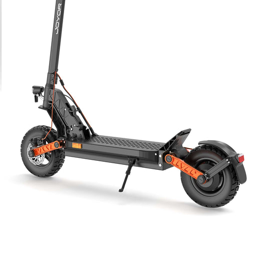 Joyor S5-PRO ABE electric scooter's chassis and rear wheel, highlighting its durable frame and all-terrain tyre for a stable and smooth ride.