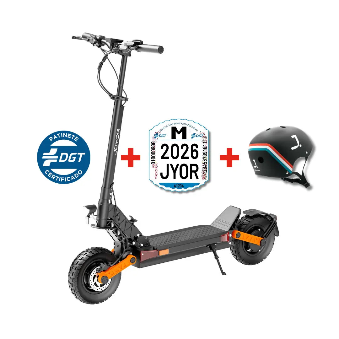 JOYOR S-PRO DGT certified dual motor electric scooter with DGT registration plate and black helmet included in the bundle.