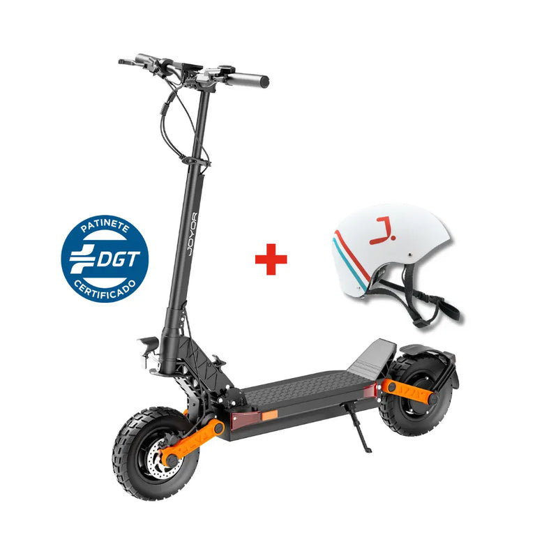 Load image into Gallery viewer, JOYOR S-PRO DGT certified electric scooter with dual motor, hydraulic brakes and white protective helmet included.
