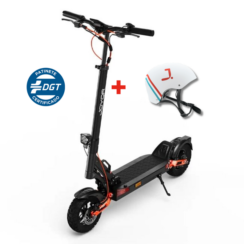 Cargar imagen en el visor de la galería, JOYOR T6D DGT electric scooter with 600W motor, front and rear suspension, and white protective helmet included in the bundle.

