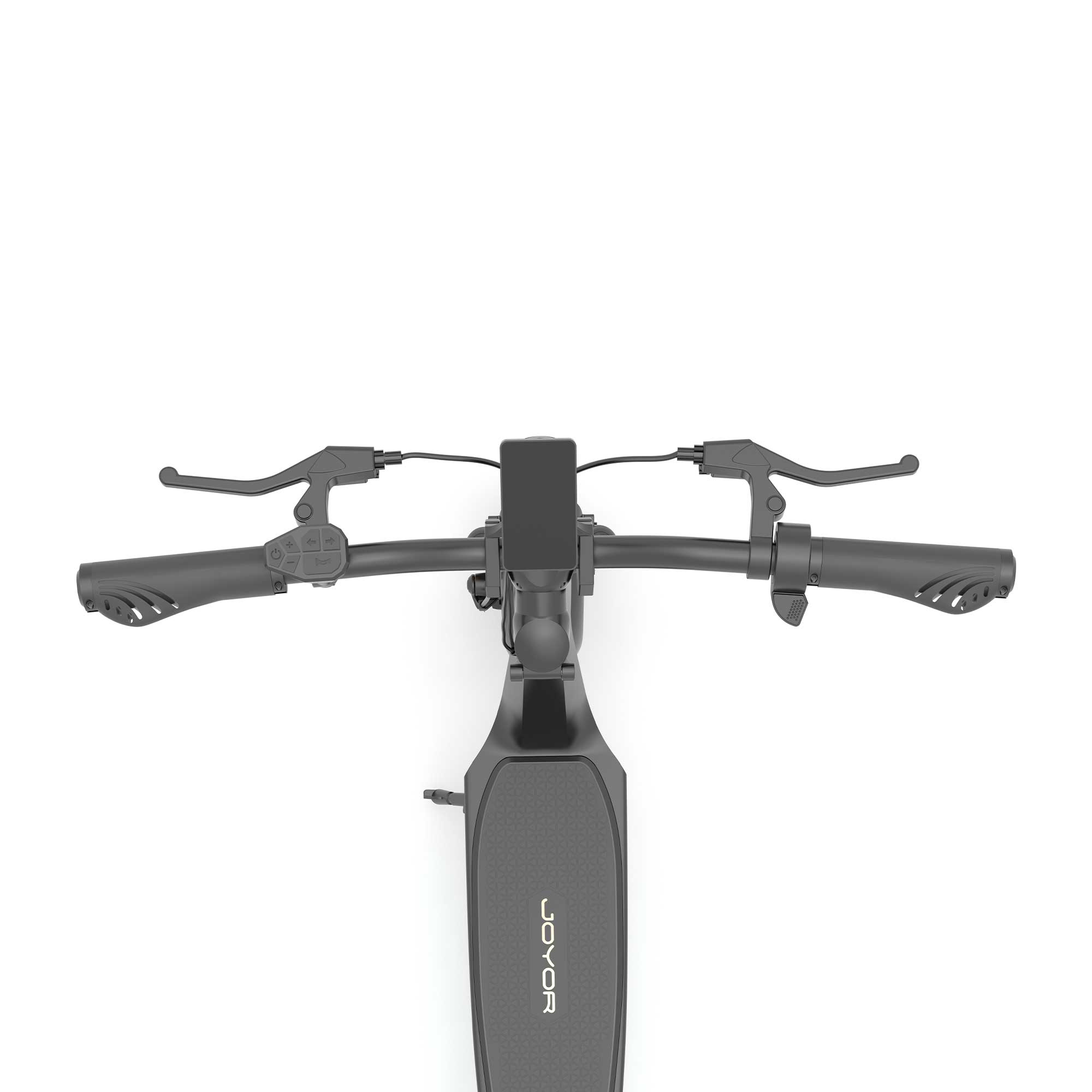Top view of the Joyor C10-E ABE electric scooter handlebar, showcasing the display, controls, and ergonomic design for a comfortable ride