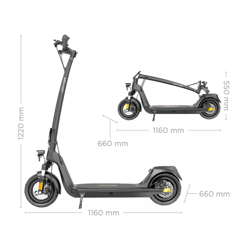 Load image into Gallery viewer, Joyor C10-E ABE electric scooter shown both unfolded and folded, highlighting compact size with dimensions for easy storage and portability

