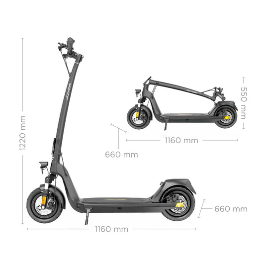 Joyor C10-E ABE electric scooter shown both unfolded and folded, highlighting compact size with dimensions for easy storage and portability