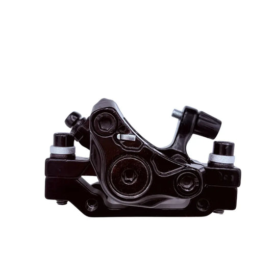 A black metal bicycle disc brake caliper with silver bolts and white rubber seals, shown from a front-facing perspective on a solid white background.