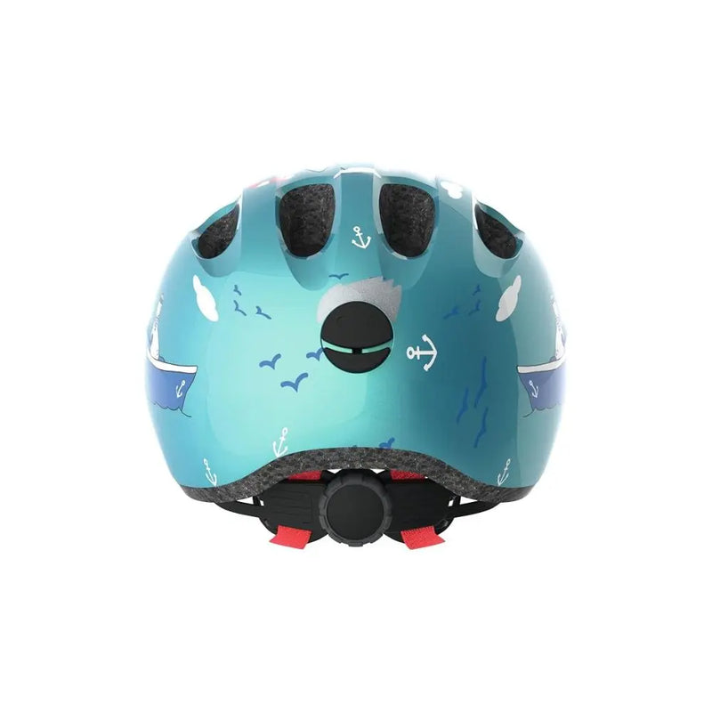 Bild in der Galerieansicht laden, A purple kids' bicycle helmet with an owl and heart pattern, featuring an orange chin strap and a blue ABUS Smiley 2.0 hangtag.
