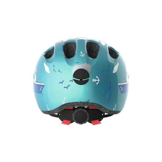 A purple kids' bicycle helmet with an owl and heart pattern, featuring an orange chin strap and a blue ABUS Smiley 2.0 hangtag.