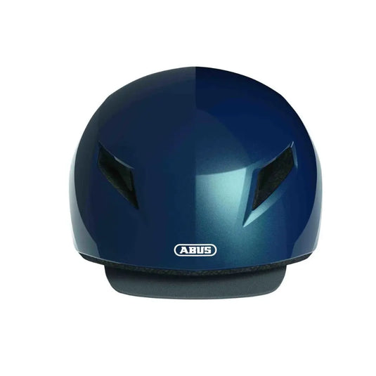 A purple kids' bicycle helmet with an owl and heart pattern, featuring an orange chin strap and a blue ABUS Smiley 2.0 hangtag.