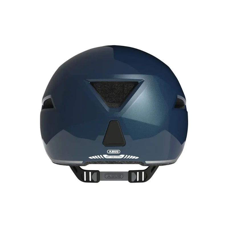 Load image into Gallery viewer, A rear view of a dark blue bicycle helmet with black ventilation slots and a black chin strap, shown on a plain white background.
