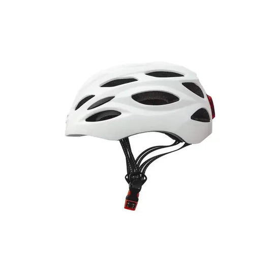 A white bicycle helmet with multiple aerodynamic vents, black interior padding, and black chin straps with red adjustment buckles, shown against a plain white background.
