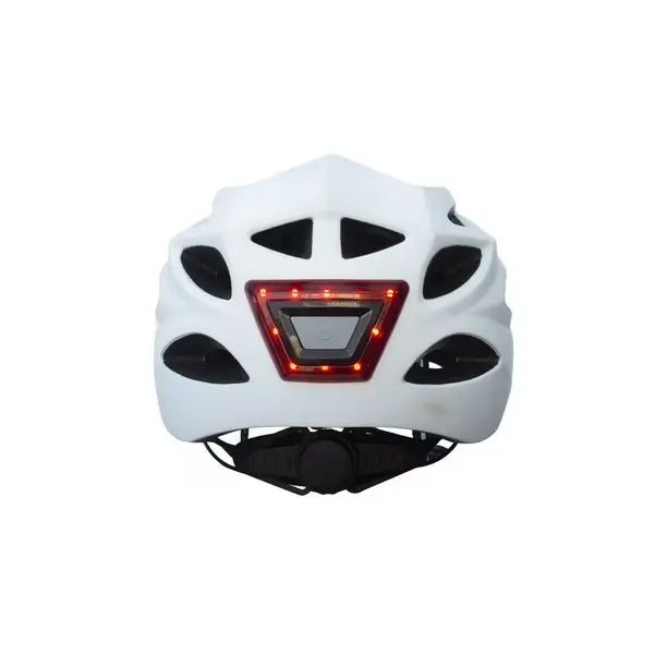 Bild in der Galerieansicht laden, A white bicycle helmet with integrated black ventilation slots and a red LED light strip on the back, shown against a plain white background.
