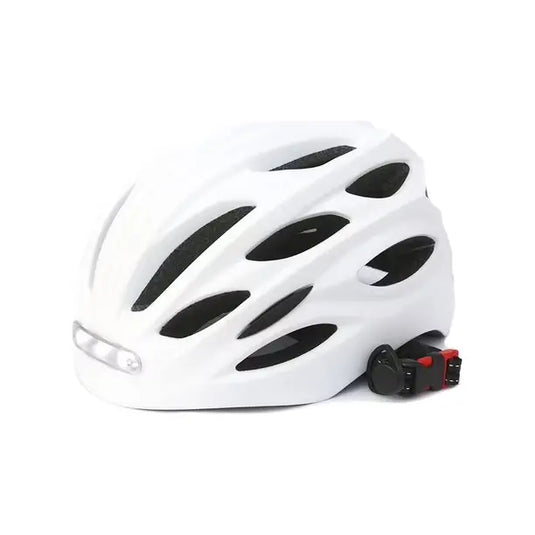 A white bicycle helmet with multiple black ventilation slots, a clear front reflector, and a black rear adjustment strap with red accents, shown on a plain white background.