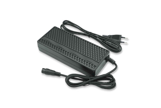 A black electric scooter charger with a power cord and connector.