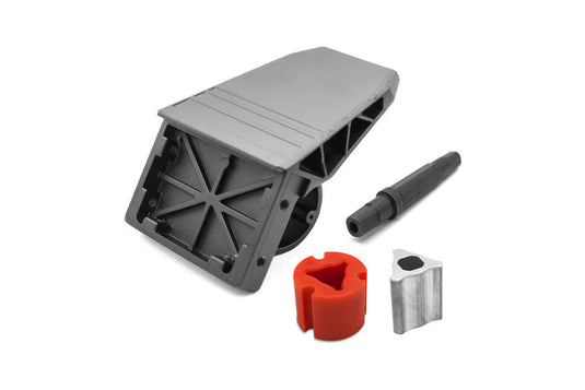 A set of spare parts for Joyor electric scooters, including a black base spoiler, a red rubber bushing, a rocker axle, and a rocker gear.