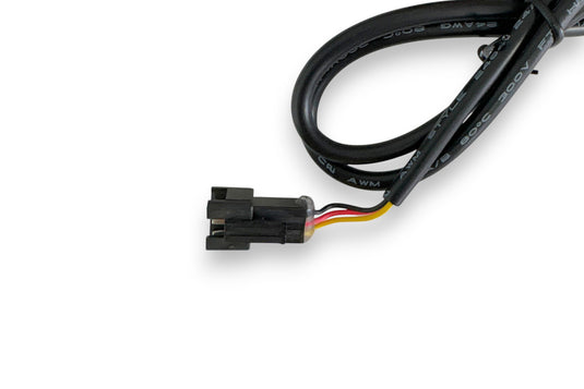 Joyor lighting and horn speaker detail. Close-up of a black electrical cable with connectors on a white background