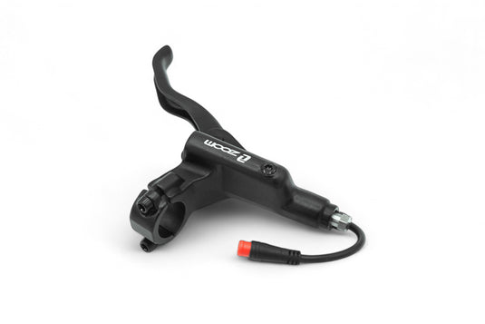 A black left brake handle for a hydraulic brake system on an electric scooter, with a visible cable and connector.