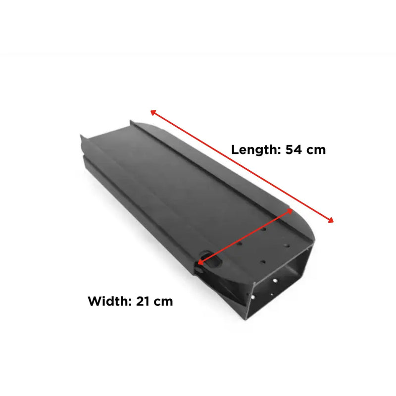 Cargar imagen en el visor de la galería, A black metal cable tray shown on a white background with red arrows and text indicating dimensions: Length 54 cm and Width 21 cm.

