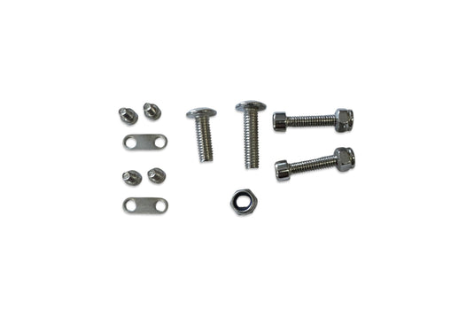 A collection of metal mudguard screws for electric scooters, including screws, washers, and a spring, displayed on a white background.