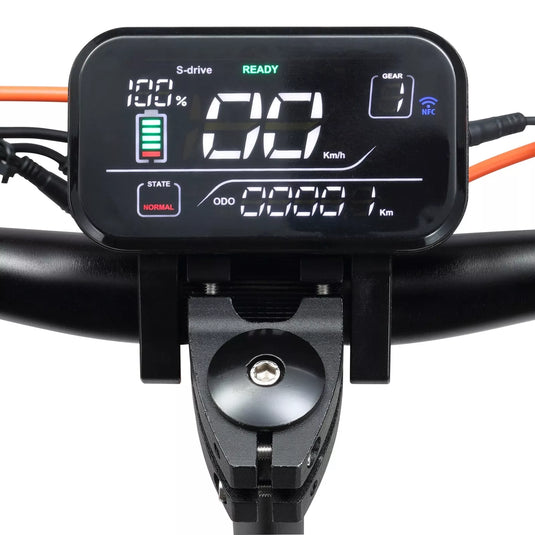 Digital display on a scooter handlebar with various indicators.