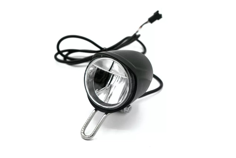 Carregar imagem no visualizador da Galeria, Front light for electric scooters, black in color, with a metal clamp, seen from an angle against a white background.
