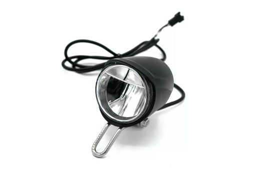 Front light for electric scooters, black in color, with a metal clamp, seen from an angle against a white background.
