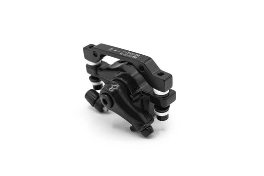 Black brake system for electric scooters, possibly made of metal, displayed on a white background.