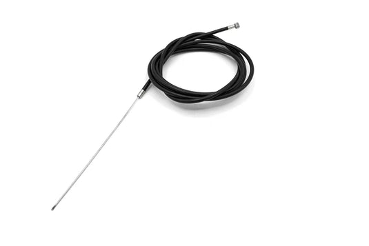 A black rear brake cable for an electric scooter, with visible metal wire and plastic casing.