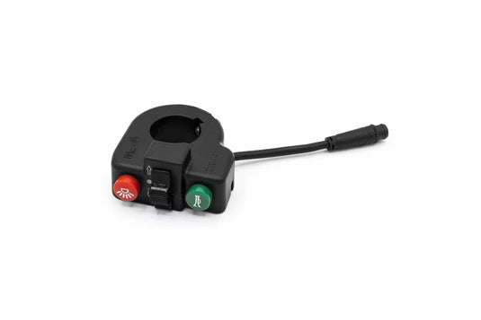 A black light switch for electric scooters, with red and green buttons, and attached to a cable.