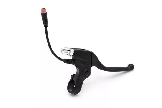 A black right brake handle with a cable and a metal brake mechanism designed for electric scooters Joyor Y5S / Y8S / Y10.