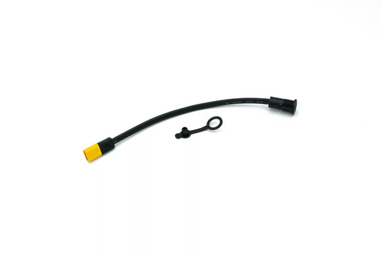 Charging port short for Joyor electric scooters, consisting of a black cable with a connector and a yellow cap, alongside a securing clip.