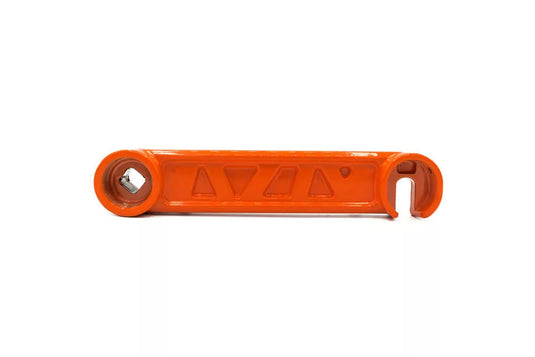 An orange rocker for front wheel right side, likely made of metal, with visible triangular design and a central pivot.