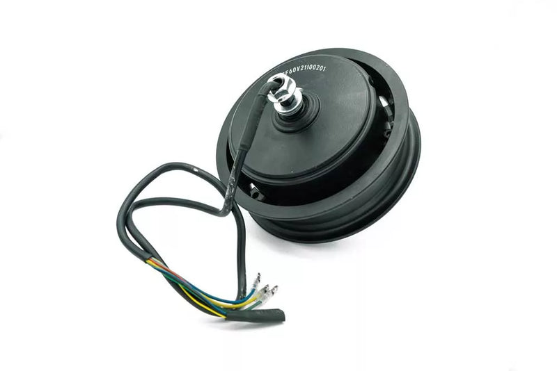 Cargue la imagen en el visor de la galería, Front motor for Joyor S10-S electric scooter, black in color, with multiple wires attached.
